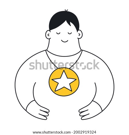 The champion is standing with the medal. Award of victory, competition, championship, winning, success, achieving the goal concept. Thin line vector illustration on white.