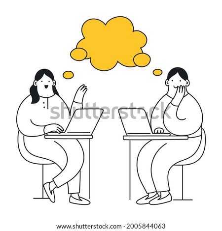Workspace with two talking people, they are sitting in front of each other with laptops and have the common speech bubble. Teamwork, discussion of something, conversation. Thin lie elegance vector