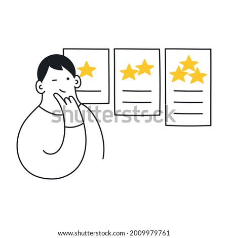 A cute cartoon guy and rating cards. Choosing the right tariff plan, pricing table, evaluating, and determining the best option. Thin line elegance vector illustration on white background.