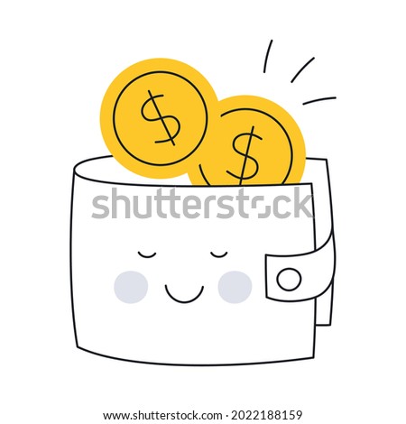 Cute full smiley wallet with gold coins inside. Salary, wages, reward and payments, saving money, and transactions concept. Thin line funny vector illustration on white.