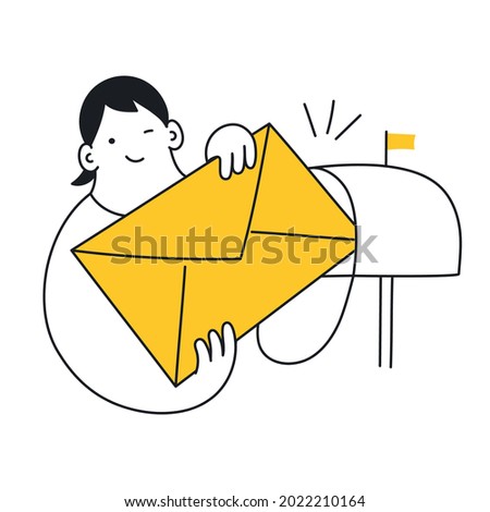 Cute cartoon woman trying to put a huge envelope into the mailbox. Internet marketing, sending newsletter, subscription, sending a letter or the remittance. Thin line vector illustration on white.