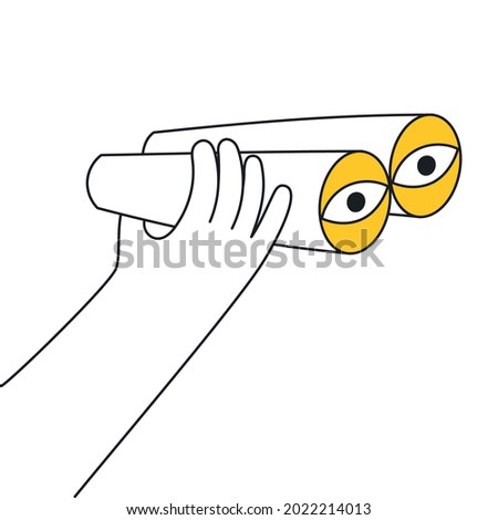 Hand is holds binoculars. Vision, research, observation, discovery and exploration icon concept. Thin line vector illustration on white. Сток-фото © 