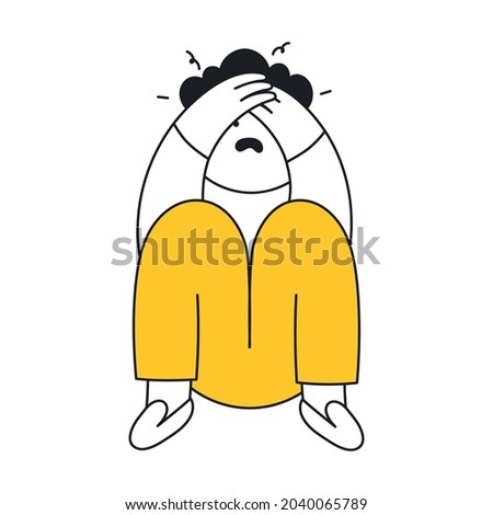 Fear, young girl covered her face with fear. Panic attack, self-protection from horror and problems, anxiety, stress, emotion concept. Thin line elegant vector illustration on white.