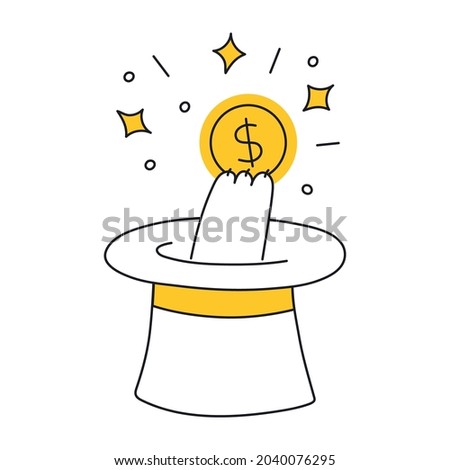 Magic hat and cat's hand with a gold dollar coin. Circus magician, magic trick, witchcraft or conjure money. Thin line funny elegance vector illustration on white.