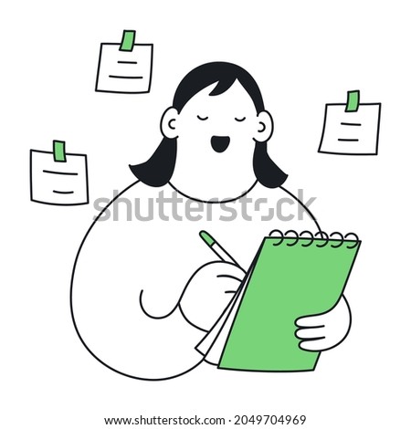 Making notes with a pen in a notebook as a reminder of important things, writing memos. A cute cartoon woman with a notebook and pencil. Thin line isolated vector on white background.