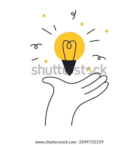 A bright lamp above the palm of the hand. Ideas, think outside the box, imagination, solution, and effort. Thin line vector illustration on white background.