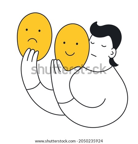 A cute cartoon actor holds two masks - sad and happy, comedy and tragedy. Theater, the Concept of changing natural personality to conform to social requirements and pressure concept. Thin line vector 