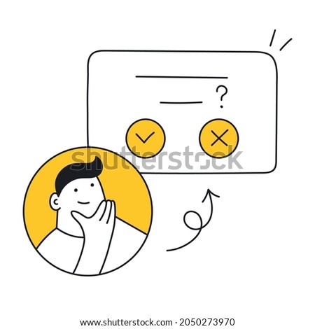 Modal window with the apply and cancel icons and customer's face. Feedback, modal user interface,  dialog box. Thin line vector illustration on white.