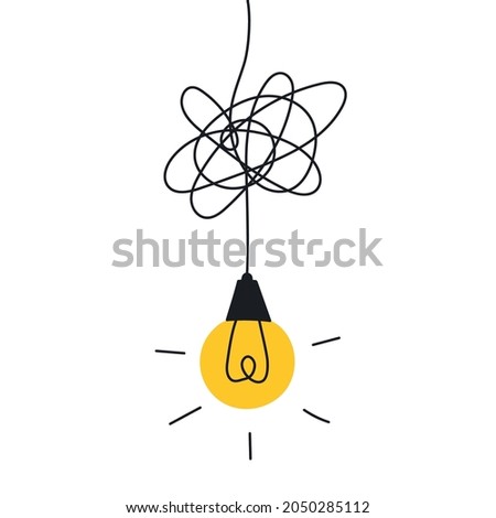 Electric lamp with tangled wires. Creativity and electricity icon concept. Thin line elegant vector illustration on white.