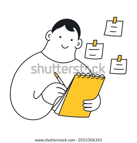 Cute cartoon man writing notes, write on sticky notes develop the business project in the office, brainstorming engaged in creative thinking, make startup plan. Thin line vector illustration on white