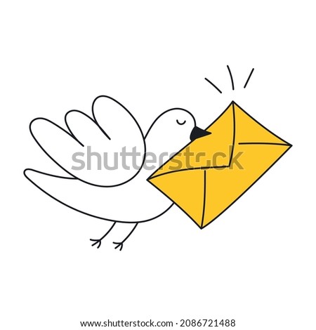 A bird is carrying an envelope. Messaging, contact, communication, chatting concept. Thin line cute vector illustration on white background.