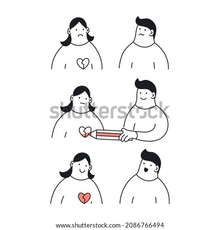 Filling the void in the heart with love. A cute cartoon man fills the heart of a cute cartoon woman with a red color of love and hope. Thin line beautiful vector illustration on white background.