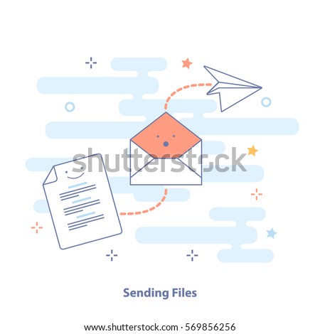 Sending Files by mail or email. The document form, envelope and paper airplane. Outline icon and concept vector set in light colors. Premium quality illustration design for website, app or banner.  