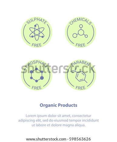 Isolated Vector Style Illustration Logo Set Badge Ingredient Warning Label Icons. Paraben, Sulfate, Phosphate, Chemicals Free Product Stickers. Flat Line Design