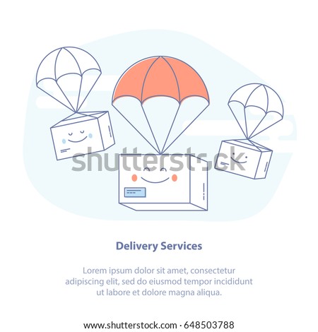 Flat line icon concept of Fast Delivery Service, Parcels Delivery. Happy cute Packages are flying on parachutes. E-Commerce template. Isolated vector illustration.