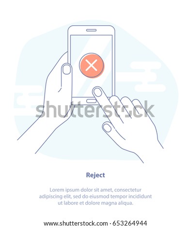 Flat linear icon concept of Cross mark on Smart-phone screen. Hand holding smart phone. Finger on mobile device screen. Trendy Isolated vector illustration.