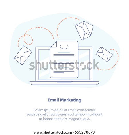 Flat line icon concept of Web page, E-mail marketing, Mailing, News Letter Advertising.  Communication, sharing spam, news and information, promotion, sending email concept. Isolated vector.