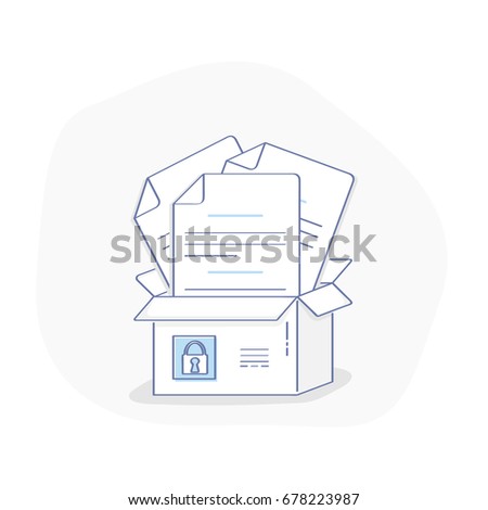 File Protection, Data Security and Privacy, Safe Confidential Information. Full of documents box with lock. Flat line isolated cartoon vector symbol