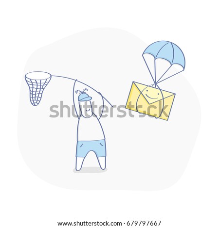 Receiving a message, parcel, incoming email. Flat line illustration, a man with a net try to catch an envelope flying on a parachute. Isolated vector.