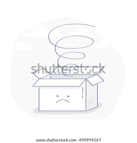 Opened empty box with cute frustrated face. Empty shopping cart, delivery box or parcel, package, cart illustration concept. Flat line vector element for web and mobile design.