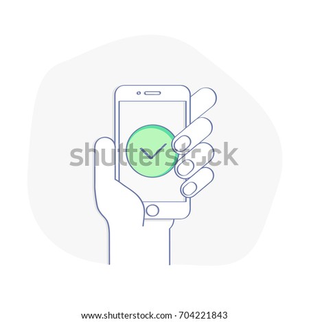 Verification, Approve sign, green Check Mark on Mobile Phone Screen. Done, Success or Ok concept. Flat line cartoon vector, UX / UI element for web and mobile design.