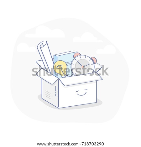 Cute cartoon box with different working Stuff - documents, plan, book, light bulb, alarm clock. Garage Sale, Dismissal, Delivery, Moving, Cleaning Donation concept. Flat outline illustration