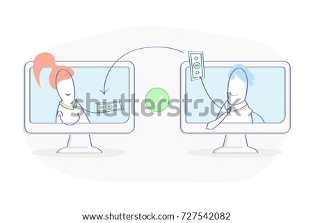 People sending and Receiving money, payments between the wallets. Payment Transfer, Transaction. Flat outline vector illustration. Premium quality line icon concept.