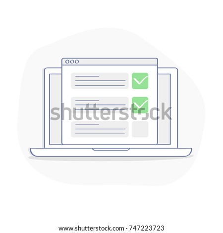 Checklist on laptop display, checkboxes with check mark. List of purchases, tasks, to do, wish list on the website concept. Flat outline vector design, premium quality trendy icon.