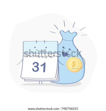 Cute cartoon Calendar with money bag. The end of the month, Salary, Annual payment day, Wage, Time to pay, Financial calendar, Monthly budget planning icon concept. Flat outline modern illustration.