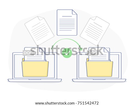 Data transfer, copying, uploading process, file sharing or sending documents from one laptop to another. Flat outline isolated vector illustration on white background. Modern trendy ui element design.