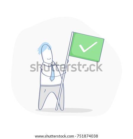 Businessman holding green flag with check mark. Business concept of success, goal, achievement and challenge. Flat outline isolated vector illustration on white background.