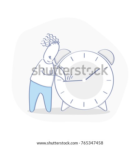 Cartoon man trying to stop the time or pushed the time back. Character fights with an alarm clock. Outline vector illustration
