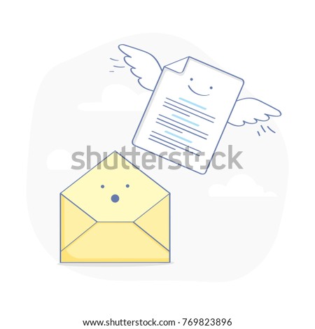 Send letter from Mail Envelope, cute cartoon creative icon concept: white paper with wings flies out from an open surprised envelope. Flat outline UI vector element.