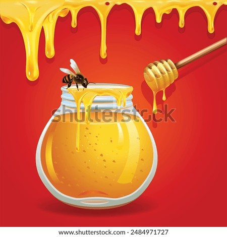 Honey in glass jar with Bee The dipper scooped the honey dripping illustration.