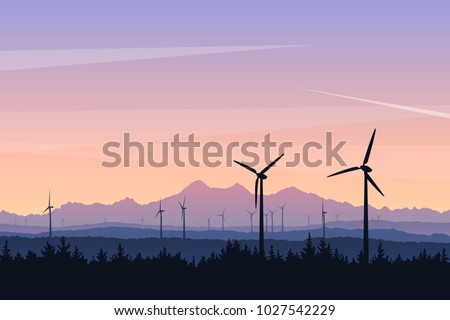 Vector landscape illustration with wind turbines at sunset. Green power of future, sustainable source of energy. Silhouettes of distant mountains and forest, beautiful evening sky colors