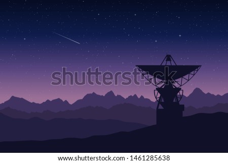 Vector illustration of a radio telescope in remore mountain location at night. Silhouette of a large antenna of observatory space research station against starry sky