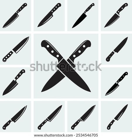 A set of black-and-white kitchen knives. Vector illustration. Bread knife, chef's knife, cleaver knife, and utility knife. kitchenware.