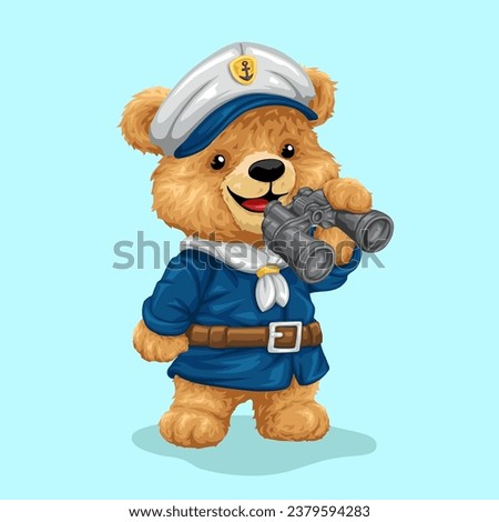 Cute teddy bear cartoon character in sailor costume with binocular. Vector illustration