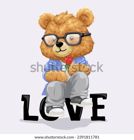 Vector illustration of cute teddy bear sitting on love text with rose. Original hand drawing
