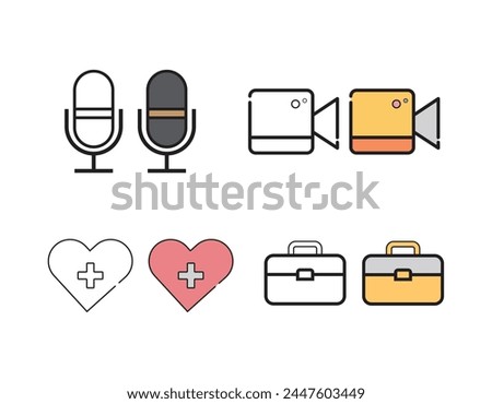 Graphic design. Set of pixel-perfect icons. Flat color style. Variety of unique visual metaphors suitable for wide range of uses