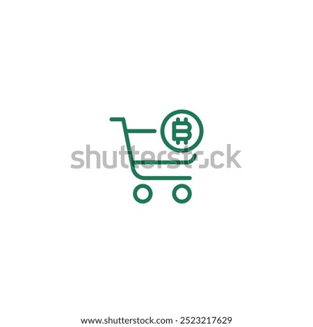 Green line icon of a shopping cart with a cryptocurrency symbol inside, symbolizing digital transactions and e-commerce. Ideal for fintech, blockchain, cryptocurrency, and online retail projects.