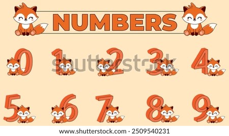 cute fox with numbers, 0,1,2,3,4,5,6,7,8,9