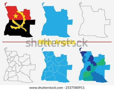 angola map - High detailed blue map with counties, Angola maps for design Black, outline, flag map.