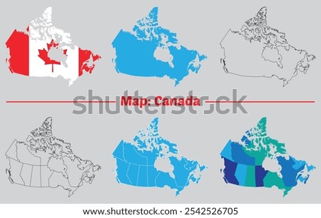 map of Canada vector drawing. Canada regions map. Filled and outline version.