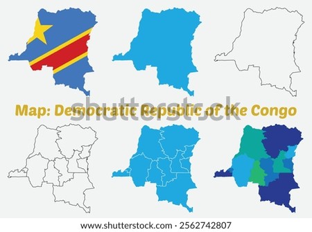 Democratic Republic of the Congo map set. internal provinces borders marked, Simple map of Democratic Republic of the Congo vector drawing, Filled and outline.