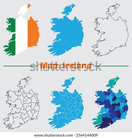 Ireland country map set. internal provinces borders marked, Simple map of Ireland vector drawing, Filled and outline.