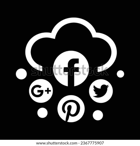 Collection of round popular social media black logos printed on paper: Facebook, Twitter, Google Plus, Pinterest