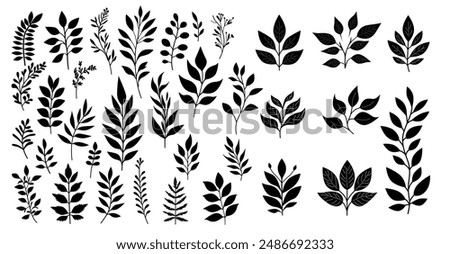 A collection of black and white leaf silhouettes featuring various botanical designs, perfect for nature-themed vector illustrations and decorative elements