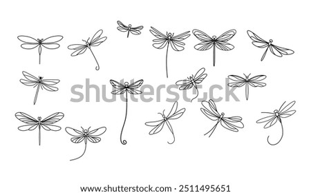 collection of simple, black line drawings of dragonflies, each with varying wing shapes on white background. Minimalist and delicate design. 