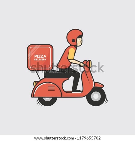 Pizza delivery boy riding red scooter vector illustration